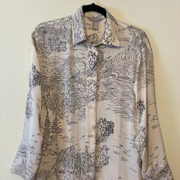 H&M M long sleeve button down tunic top oriental AOP cream AOP nature black - Picture 2 of 7
